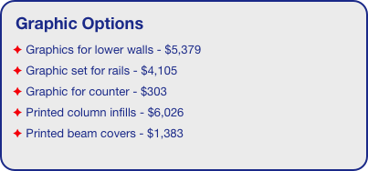 Graphic Options
 Graphics for lower walls - $5,379
 Graphic set for rails - $4,105
 Graphic for counter - $303
 Printed column infills - $6,026
 Printed beam covers - $1,383