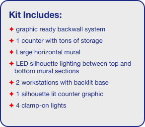 Kit Includes:
 graphic ready backwall system
 1 counter with tons of storage 
 Large horizontal mural
 LED silhouette lighting between top and bottom mural sections
 2 workstations with backlit base
 1 silhouette lit counter graphic
 4 clamp-on lights
