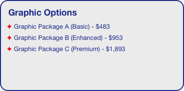 Graphic Options
 Graphic Package A (Basic) - $483
 Graphic Package B (Enhanced) - $953
 Graphic Package C (Premium) - $1,893