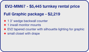 EV2-MM67 - $5,445 turnkey rental price
Full Graphic package - $2,219
1 3’ wedge backwall counter
1 inwall monitor mounts
EV2 tapered counter with silhouette lighting for graphic 
small closet with drape