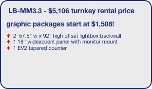 LB-MM3.3 - $5,106 turnkey rental price
graphic packages start at $1,508!
 2  57.5” w x 92” high offset lightbox backwall
 1 18” wideaccent panel with monitor mount
 1 EV2 tapered counter