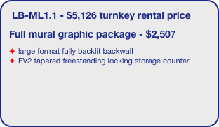 LB-ML1.1 - $5,126 turnkey rental price
Full mural graphic package - $2,507
large format fully backlit backwall 
EV2 tapered freestanding locking storage counter