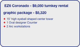 EZ6 Coronado - $9,050 turnkey rental
graphic package - $5,320
15’ high eyeball shaped center tower
1 Oval designer Counter
2 Arc workstations