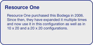 Resource One
Resource One purchased this Bodega in 2006. Since then, they have expanded it multiple times and now use it in this configuration as well as in 10 x 20 and a 20 x 20 configurations.