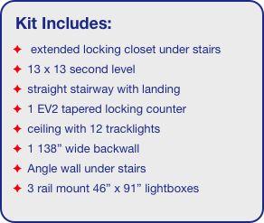 Kit Includes:
  extended locking closet under stairs
 13 x 13 second level
 straight stairway with landing
 1 EV2 tapered locking counter
 ceiling with 12 tracklights
 1 138” wide backwall
 Angle wall under stairs
 3 rail mount 46” x 91” lightboxes
