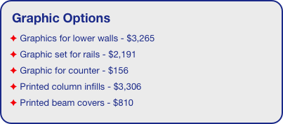 Graphic Options
 Graphics for lower walls - $3,265
 Graphic set for rails - $2,191
 Graphic for counter - $156
 Printed column infills - $3,306
 Printed beam covers - $810