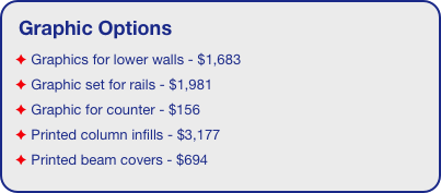 Graphic Options
 Graphics for lower walls - $1,683
 Graphic set for rails - $1,981
 Graphic for counter - $156
 Printed column infills - $3,177
 Printed beam covers - $694