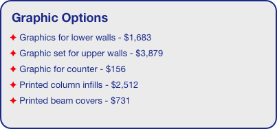 Graphic Options
 Graphics for lower walls - $1,683
 Graphic set for upper walls - $3,879
 Graphic for counter - $156
 Printed column infills - $2,512
 Printed beam covers - $731