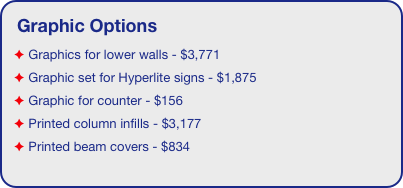 Graphic Options
 Graphics for lower walls - $3,771
 Graphic set for Hyperlite signs - $1,875
 Graphic for counter - $156
 Printed column infills - $3,177
 Printed beam covers - $834
