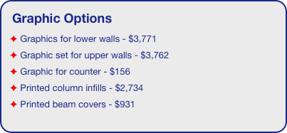 Graphic Options
 Graphics for lower walls - $3,771
 Graphic set for upper walls - $3,762
 Graphic for counter - $156
 Printed column infills - $2,734
 Printed beam covers - $931