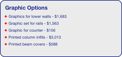Graphic Options
 Graphics for lower walls - $1,683
 Graphic set for rails - $1,563
 Graphic for counter - $156
 Printed column infills - $3,013
 Printed beam covers - $588