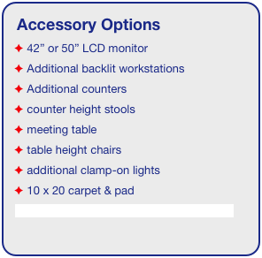 Accessory Options
 42” or 50” LCD monitor
 Additional backlit workstations
 Additional counters
 counter height stools
 meeting table
 table height chairs
 additional clamp-on lights
 10 x 20 carpet & pad
See accessory page for details & pricing!