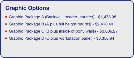 Graphic Options
 Graphic Package A (Backwall, header, counter) - $1,478.05
 Graphic Package B (A plus full height returns) - $2,418.49
 Graphic Package C (B plus inside of pony walls) - $3,006.27
 Graphic Package D (C plus workstation panel) - $3,358.94
