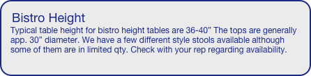 Bistro Height
Typical table height for bistro height tables are 36-40” The tops are generally app. 30” diameter. We have a few different style stools available although some of them are in limited qty. Check with your rep regarding availability.

