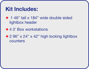 Kit Includes:
 1 46” tall x 184” wide double sided lightbox header
4 3’ Box workstations
2 96” x 24” x 42” high locking lightbox counters