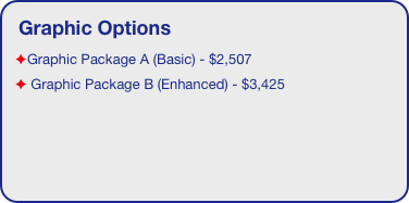 Graphic Options
Graphic Package A (Basic) - $2,507
 Graphic Package B (Enhanced) - $3,425