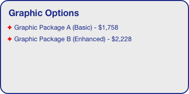 Graphic Options
 Graphic Package A (Basic) - $1,758
 Graphic Package B (Enhanced) - $2,228
