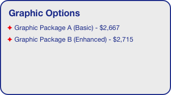 Graphic Options
 Graphic Package A (Basic) - $2,667
 Graphic Package B (Enhanced) - $2,715
