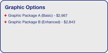Graphic Options
 Graphic Package A (Basic) - $2,667
 Graphic Package B (Enhanced) - $2,843

