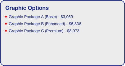 Graphic Options
 Graphic Package A (Basic) - $3,059
 Graphic Package B (Enhanced) - $5,836
 Graphic Package C (Premium) - $8,973