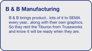 B & B Manufacturing
B & B brings product.. lots of it to SEMA every year.. along with their own graphics. So they rent the Tiburon from Trussworks and know it will be ready when they are. 
